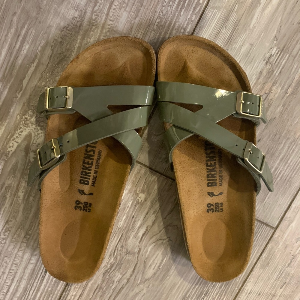 Birkenstock Glossy Olive Green Cross-Strap Sandals